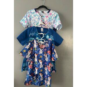 Disney Womens Scrub Tops Lot of 3 Nurse Medical Uniform Frozen Character Prints